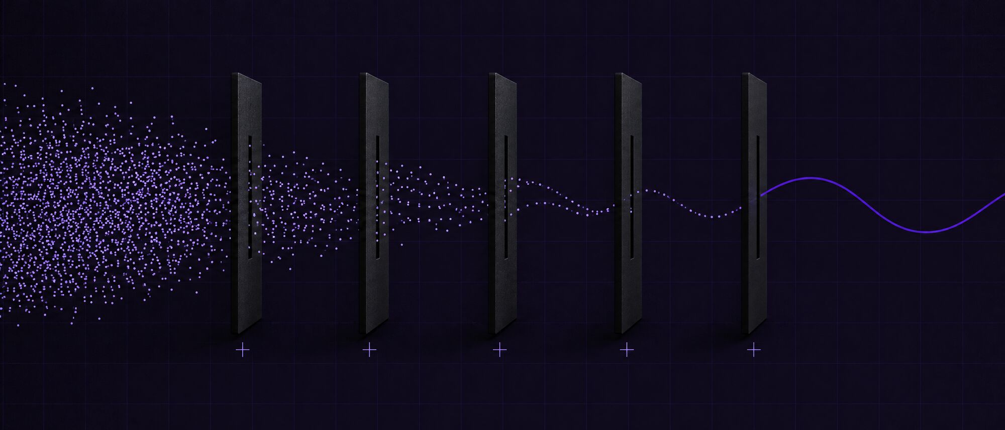 A dense cloud of lavender points passes through five black panels with narrow slits, becoming more ordered at each one and leaving as a single smooth violet curve.