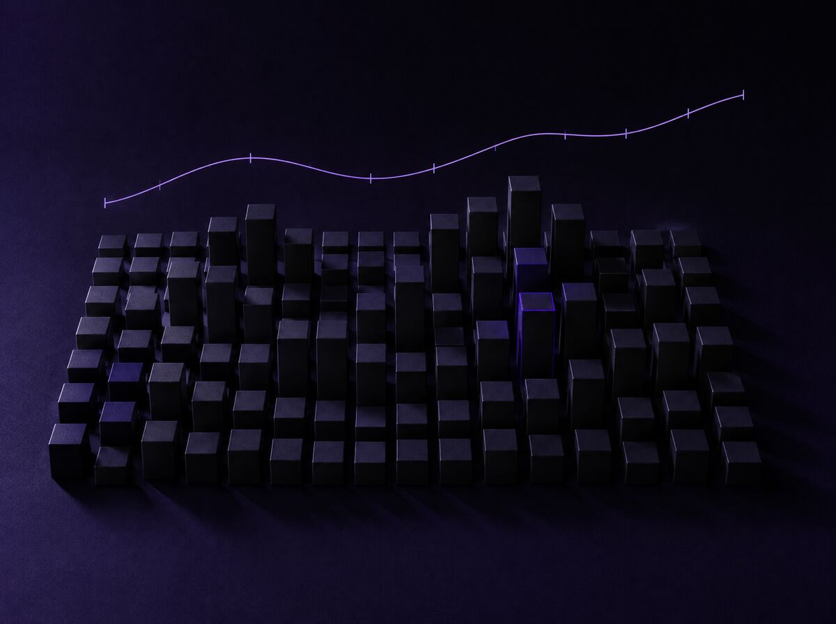 A grid of black boxes of varying heights like a demand heatmap, with a lavender forecast curve floating above; one box is outlined in violet.