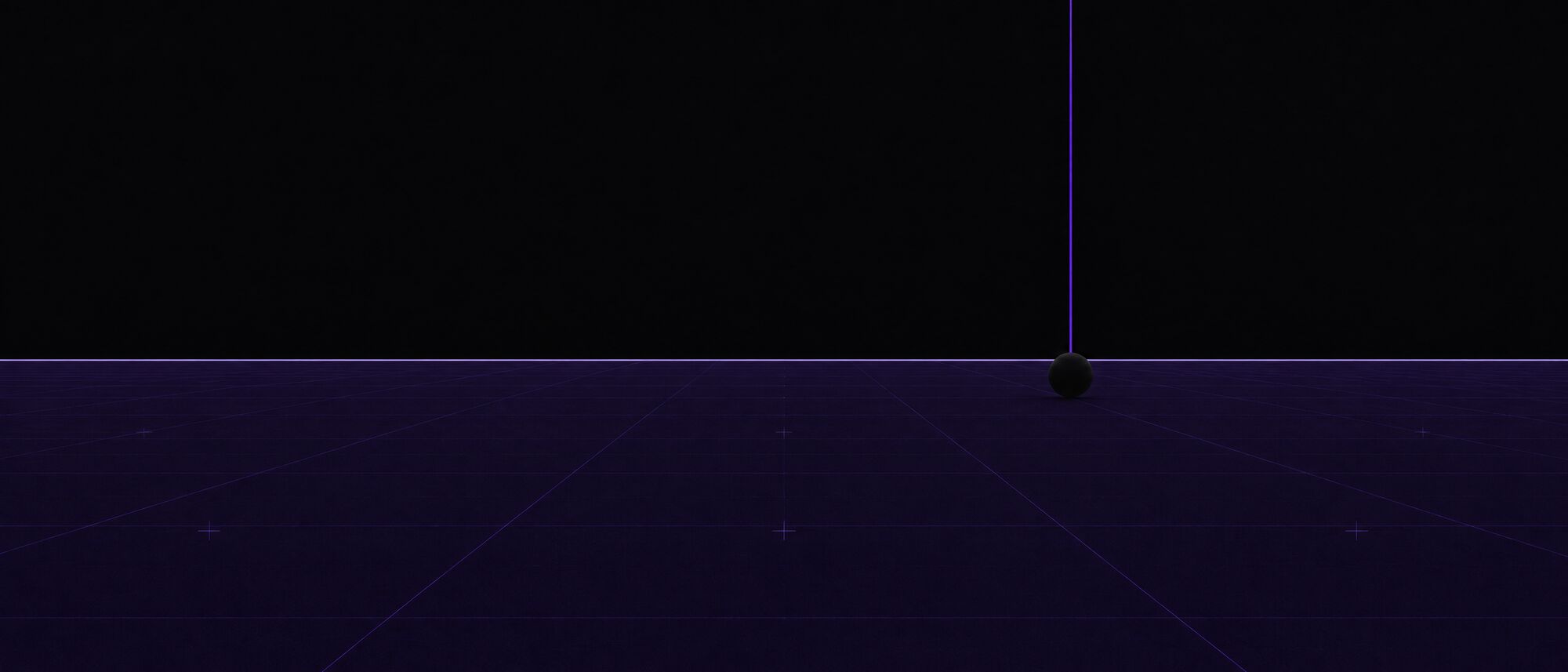 A vast dark plane under a black sky with a single black sphere on the horizon and a thin violet line rising from it like a data point marker.