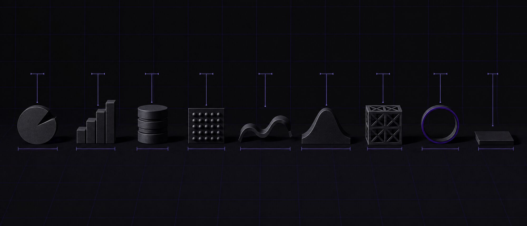 Nine black sculptural data objects in a row — a pie chart, a bar chart, a database stack, a scatter plate, a line graph, a bell curve, a lattice cube, a violet-edged ring and a slab — each with lavender dimension lines.